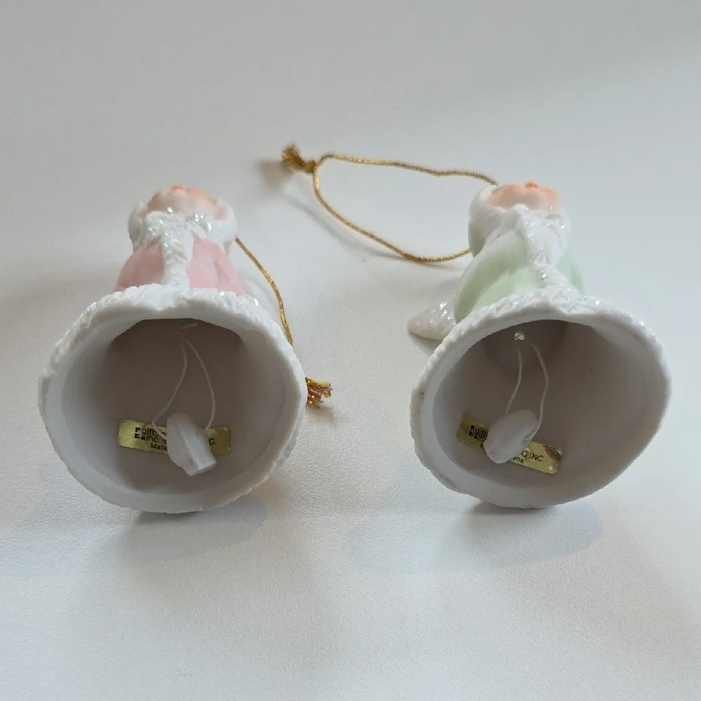 Angel Bell Ornaments - Kissing Angel Bell Ornament Figure Set With Glitter Trim